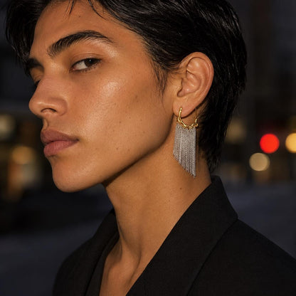 Chain Fringe Earrings, Gold and Silver Mixed Metal Tassel Drops, Molten Half Hoop Dangles, Statement Two Tone Jewelry, Gift for Her