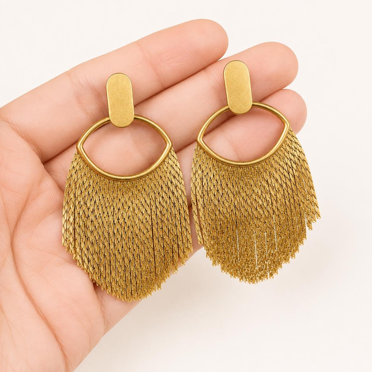 Gold Fringe Earrings, Tassel Waterfall Drops, Vintage Boho Statement Dangles, Chunky Matte Gold Jewelry, Elegant Party Gift for Her