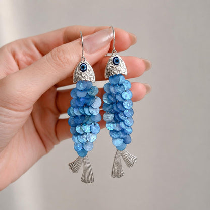 Fish Earrings, Statement Shell Dangle Drops, Blue Mermaidcore Jewelry, Evil Eye Charm, Coastal Boho Gift, Silver Tone