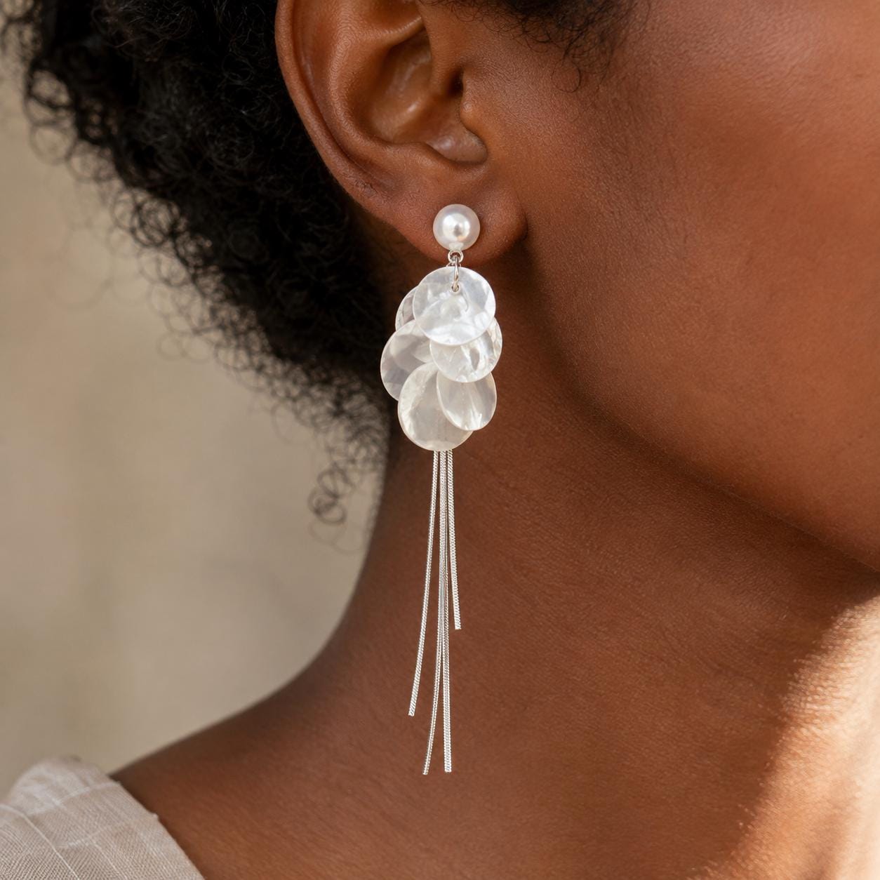Pearl Shell Tassel Earrings, Long Silver Fringe Drops, Bridal Wedding Dangles, Coastal Mermaidcore Statement Jewelry, Gift for Her