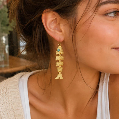 Fish Earrings, Gold Fishbone Dangle Drops, Vintage Boho Movable Fish Jewelry, Turquoise Eye Statement, Ocean Lover Gift for Her