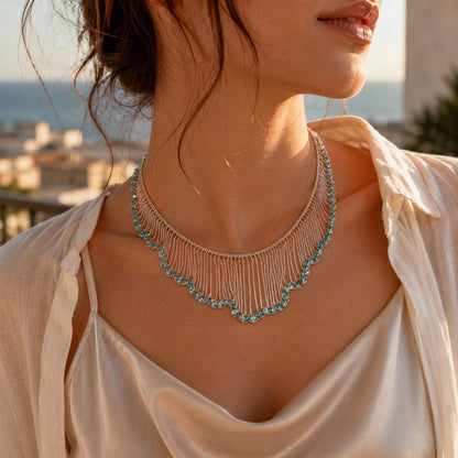 Statement Necklace, Blue Crystal Fringe Collar, Silver Waterfall Bib Choker, Mermaidcore Wave Jewelry, Boho Party Gift for Her