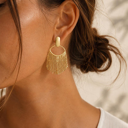 Gold Fringe Earrings, Tassel Waterfall Drops, Vintage Boho Statement Dangles, Chunky Matte Gold Jewelry, Elegant Party Gift for Her