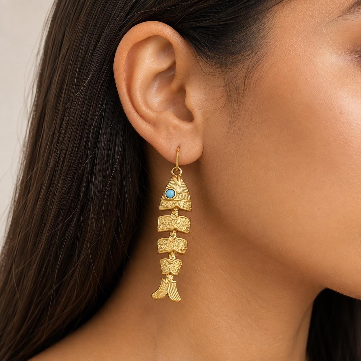 Fish Earrings, Gold Fishbone Dangle Drops, Vintage Boho Movable Fish Jewelry, Turquoise Eye Statement, Ocean Lover Gift for Her