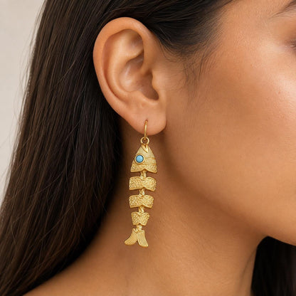 Fish Earrings, Gold Fishbone Dangle Drops, Vintage Boho Movable Fish Jewelry, Turquoise Eye Statement, Ocean Lover Gift for Her