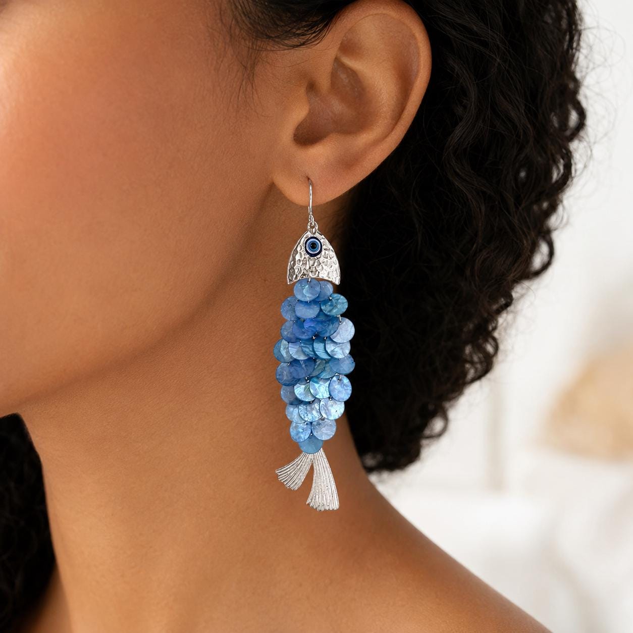 Fish Earrings, Statement Shell Dangle Drops, Blue Mermaidcore Jewelry, Evil Eye Charm, Coastal Boho Gift, Silver Tone