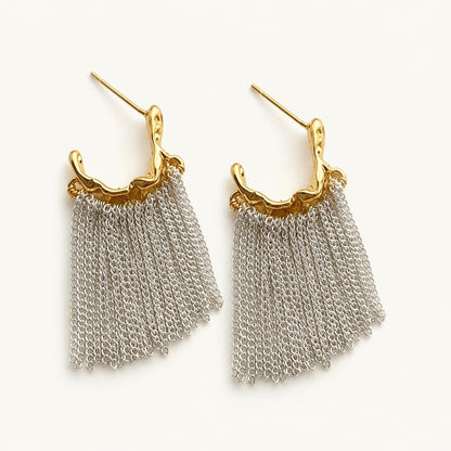 Chain Fringe Earrings, Gold and Silver Mixed Metal Tassel Drops, Molten Half Hoop Dangles, Statement Two Tone Jewelry, Gift for Her