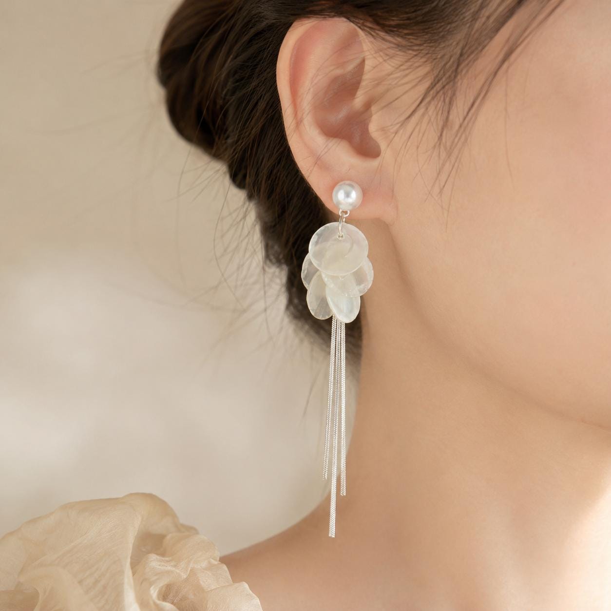 Pearl Shell Tassel Earrings, Long Silver Fringe Drops, Bridal Wedding Dangles, Coastal Mermaidcore Statement Jewelry, Gift for Her