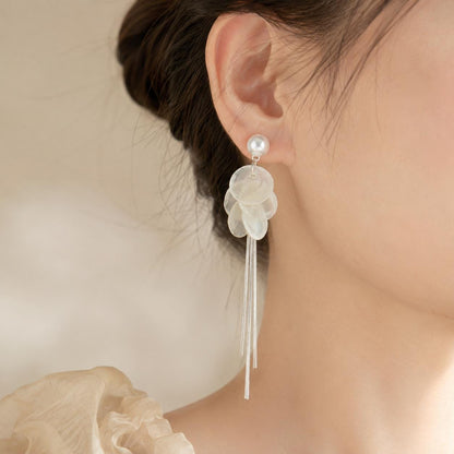 Pearl Shell Tassel Earrings, Long Silver Fringe Drops, Bridal Wedding Dangles, Coastal Mermaidcore Statement Jewelry, Gift for Her
