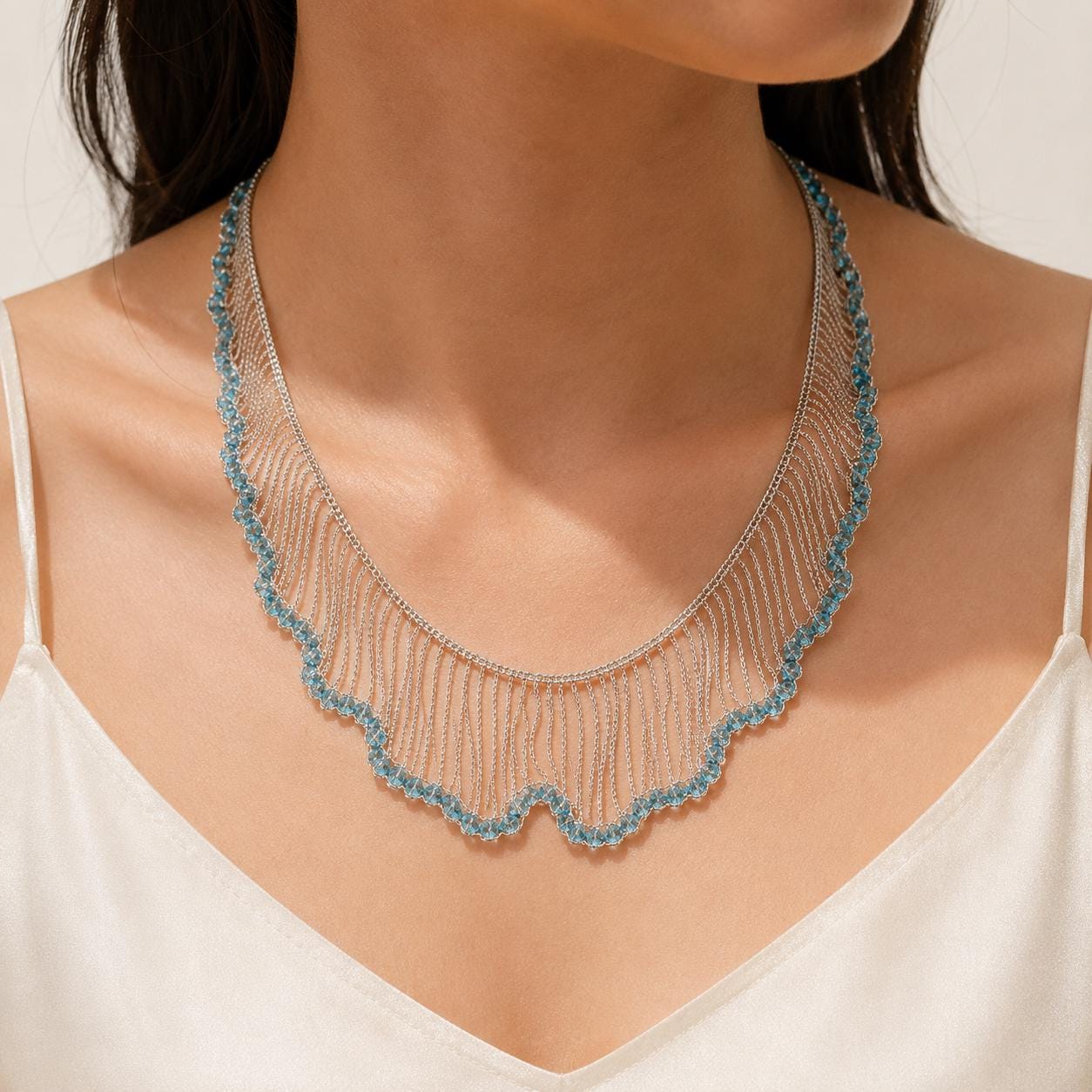 Statement Necklace, Blue Crystal Fringe Collar, Silver Waterfall Bib Choker, Mermaidcore Wave Jewelry, Boho Party Gift for Her