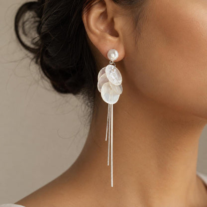 Pearl Shell Tassel Earrings, Long Silver Fringe Drops, Bridal Wedding Dangles, Coastal Mermaidcore Statement Jewelry, Gift for Her