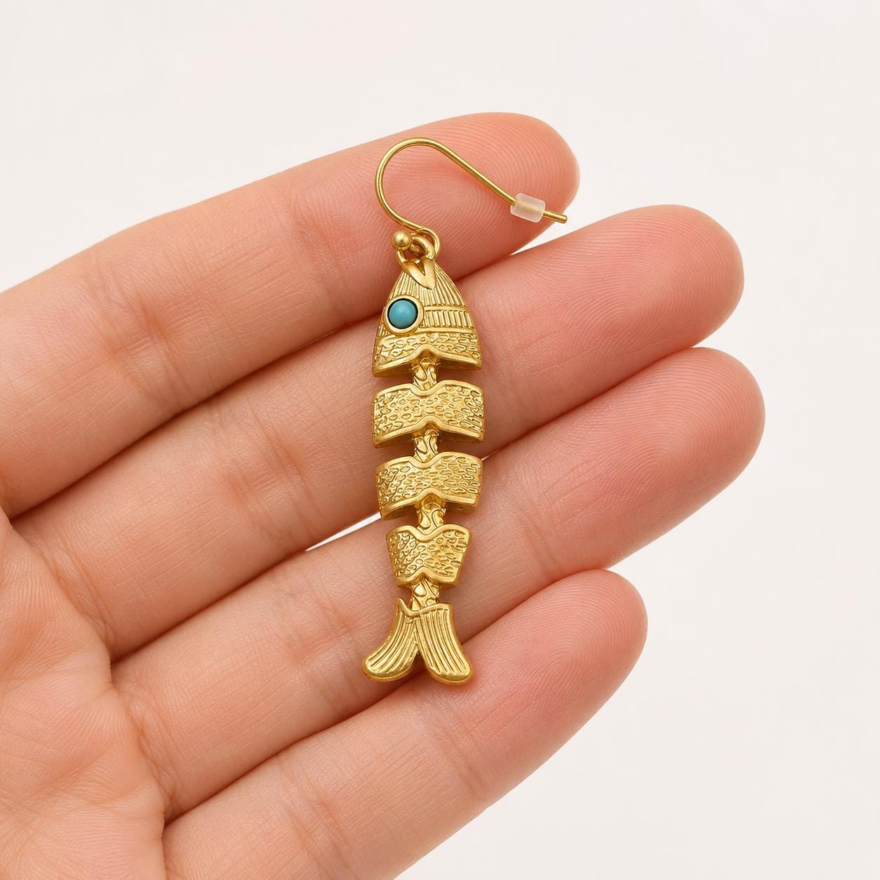 Fish Earrings, Gold Fishbone Dangle Drops, Vintage Boho Movable Fish Jewelry, Turquoise Eye Statement, Ocean Lover Gift for Her