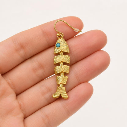 Fish Earrings, Gold Fishbone Dangle Drops, Vintage Boho Movable Fish Jewelry, Turquoise Eye Statement, Ocean Lover Gift for Her