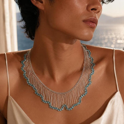 Statement Necklace, Blue Crystal Fringe Collar, Silver Waterfall Bib Choker, Mermaidcore Wave Jewelry, Boho Party Gift for Her