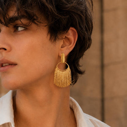 Gold Fringe Earrings, Tassel Waterfall Drops, Vintage Boho Statement Dangles, Chunky Matte Gold Jewelry, Elegant Party Gift for Her
