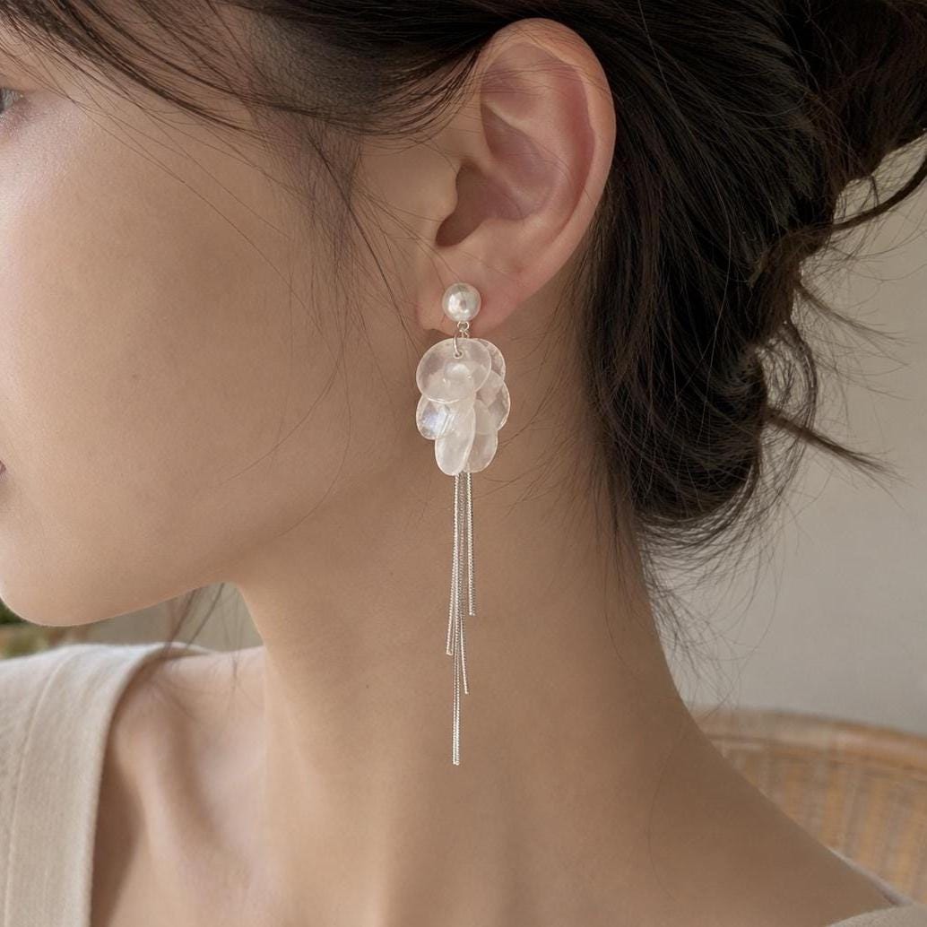 Pearl Shell Tassel Earrings, Long Silver Fringe Drops, Bridal Wedding Dangles, Coastal Mermaidcore Statement Jewelry, Gift for Her