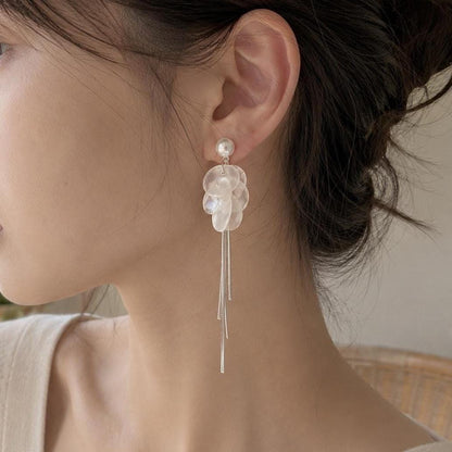 Pearl Shell Tassel Earrings, Long Silver Fringe Drops, Bridal Wedding Dangles, Coastal Mermaidcore Statement Jewelry, Gift for Her