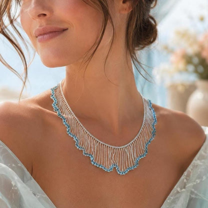 Statement Necklace, Blue Crystal Fringe Collar, Silver Waterfall Bib Choker, Mermaidcore Wave Jewelry, Boho Party Gift for Her