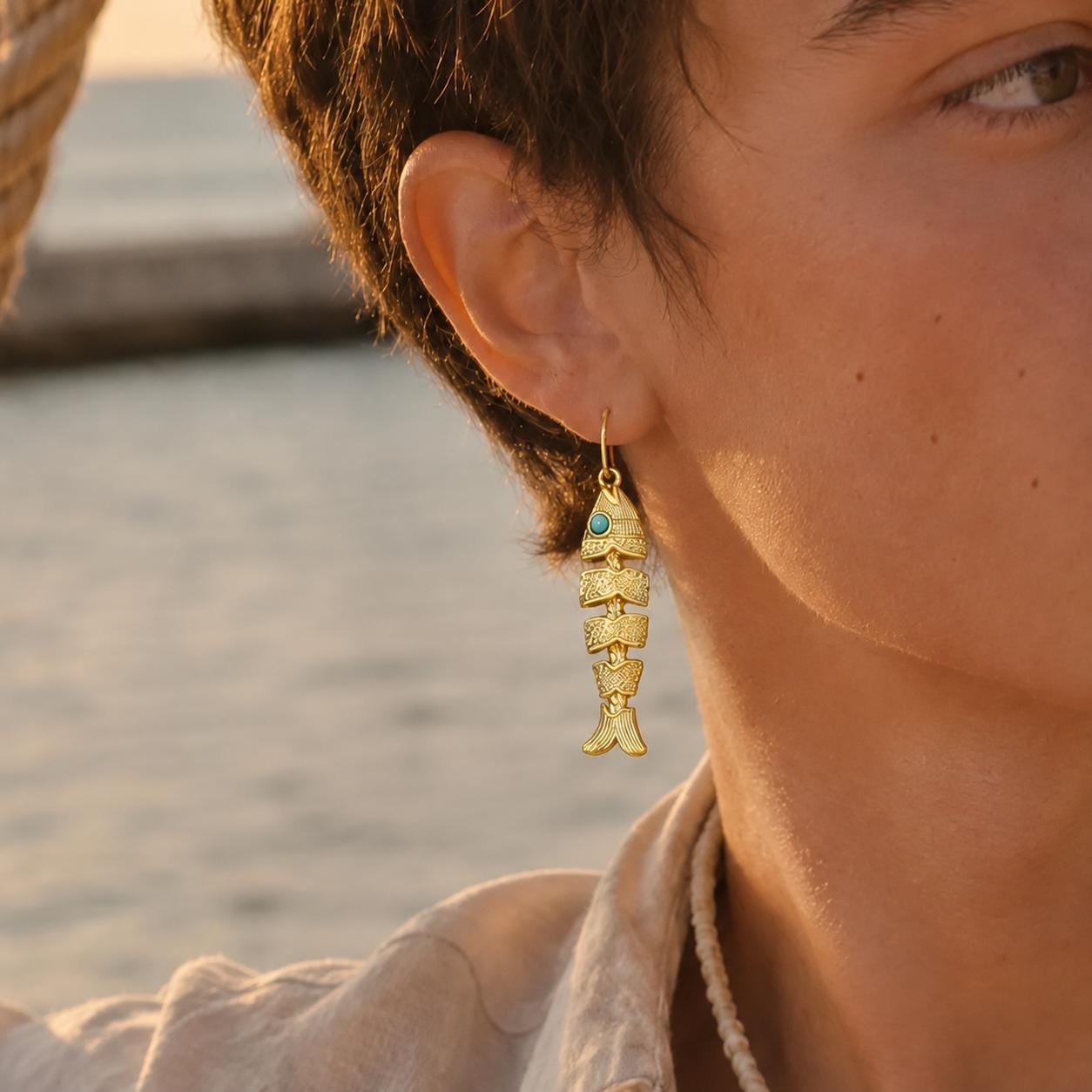Fish Earrings, Gold Fishbone Dangle Drops, Vintage Boho Movable Fish Jewelry, Turquoise Eye Statement, Ocean Lover Gift for Her