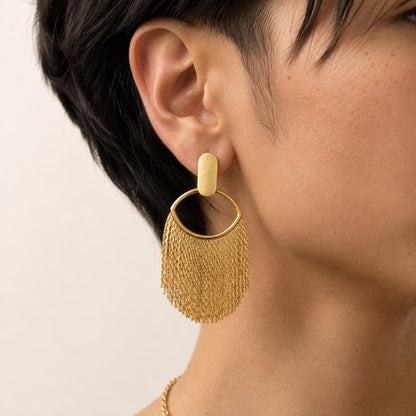 Gold Fringe Earrings, Tassel Waterfall Drops, Vintage Boho Statement Dangles, Chunky Matte Gold Jewelry, Elegant Party Gift for Her