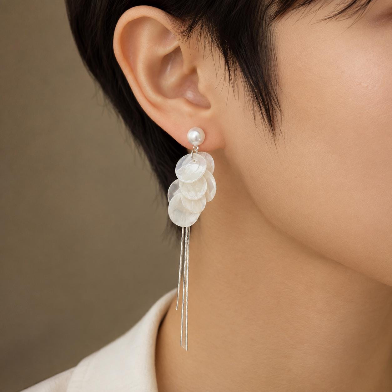 Pearl Shell Tassel Earrings, Long Silver Fringe Drops, Bridal Wedding Dangles, Coastal Mermaidcore Statement Jewelry, Gift for Her