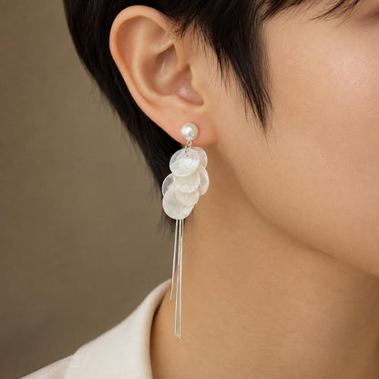 Pearl Shell Tassel Earrings, Long Silver Fringe Drops, Bridal Wedding Dangles, Coastal Mermaidcore Statement Jewelry, Gift for Her
