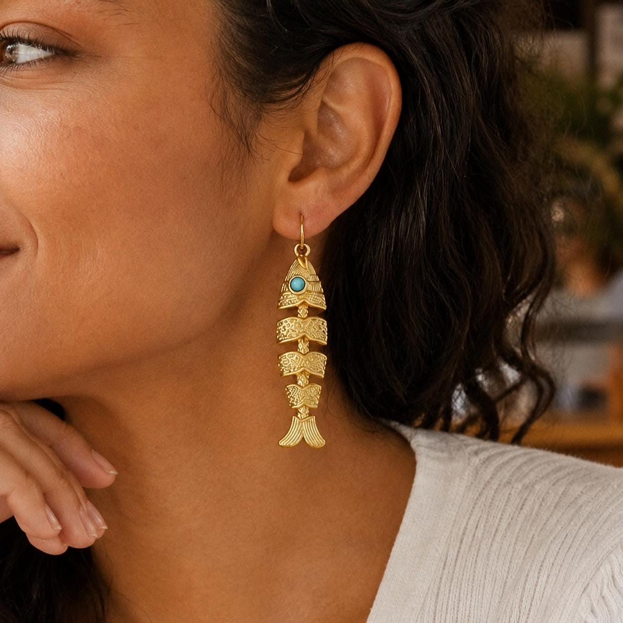 Fish Earrings, Gold Fishbone Dangle Drops, Vintage Boho Movable Fish Jewelry, Turquoise Eye Statement, Ocean Lover Gift for Her