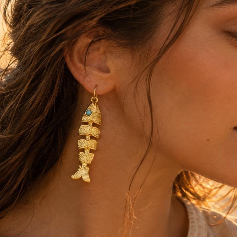 Fish Earrings, Gold Fishbone Dangle Drops, Vintage Boho Movable Fish Jewelry, Turquoise Eye Statement, Ocean Lover Gift for Her