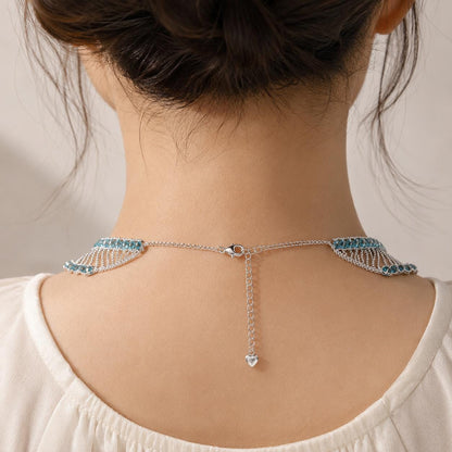 Statement Necklace, Blue Crystal Fringe Collar, Silver Waterfall Bib Choker, Mermaidcore Wave Jewelry, Boho Party Gift for Her