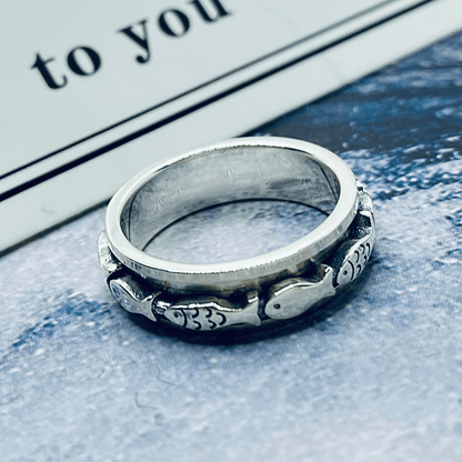 Swimming Fish Spinner Ring in Silver For Fishing Lover