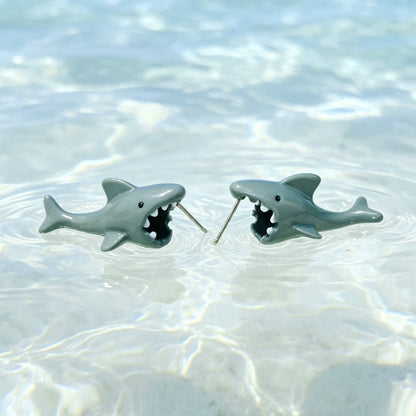 Enamel shark bite earrings in silver - EffortlesslyUs