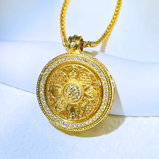 Good Luck Spinner Pendant Necklace, Pendant in Gold, Good Luck Pendant, Rotatable Tibetan Buddhist Pendant, Dharma Wheel Pendant,