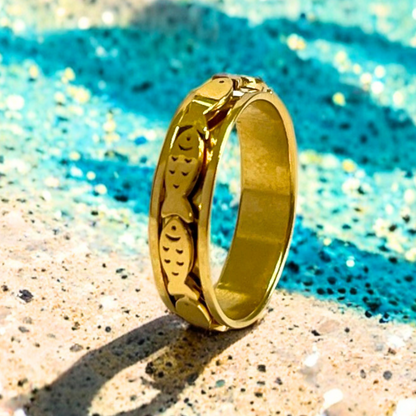 Swimming Fish Spinner Ring in Gold, Fish Ring, Fishing Lovers Ring, Fish Ring, Anxiety Ring, Good Luck Ring, Animal Ring, for Him, for Her,