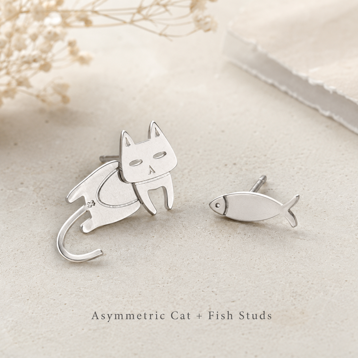 Best Cat and Fish Stud Earrings - Mismatched Cute Animal Stainless Steel Studs