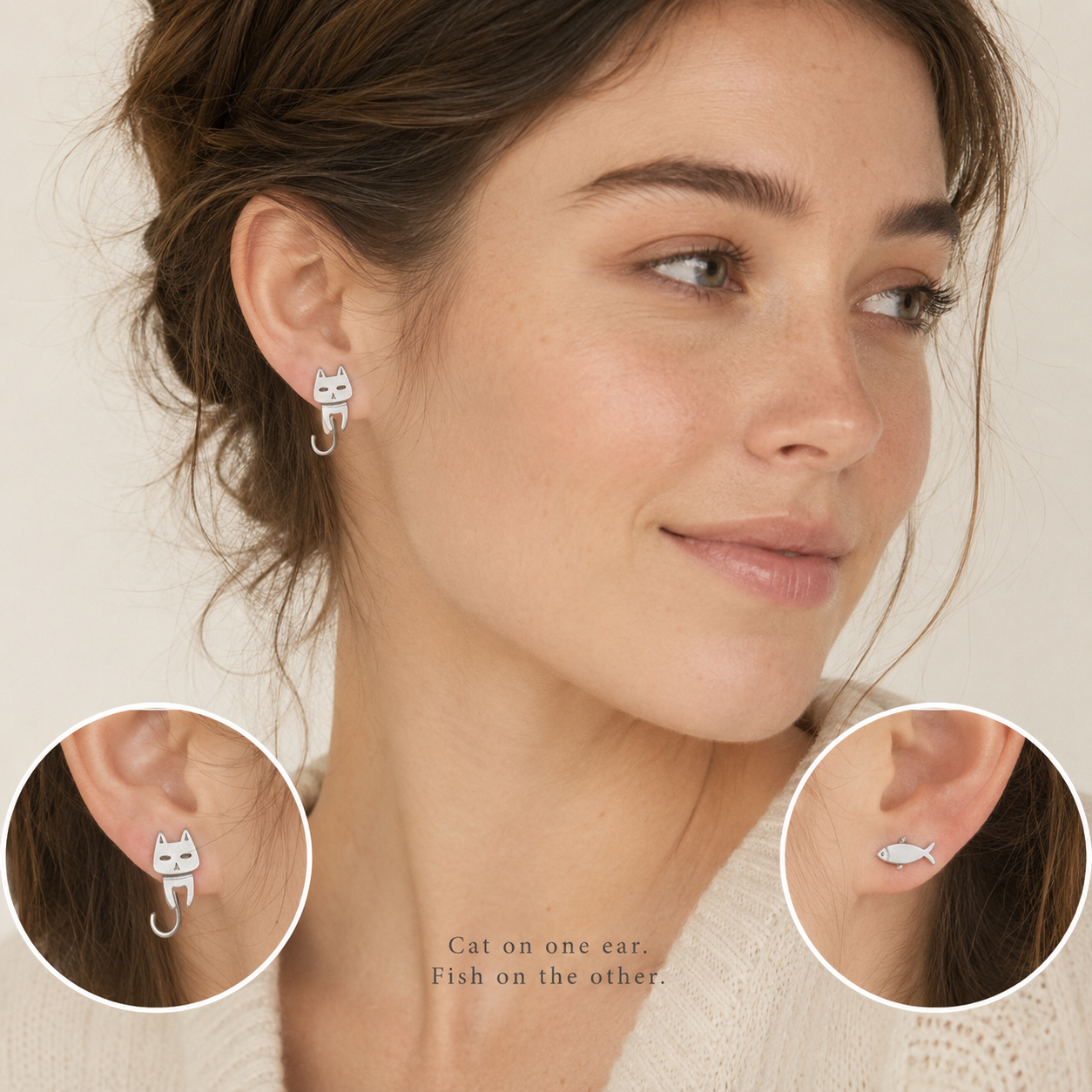 Best Cat and Fish Stud Earrings - Mismatched Cute Animal Stainless Steel Studs