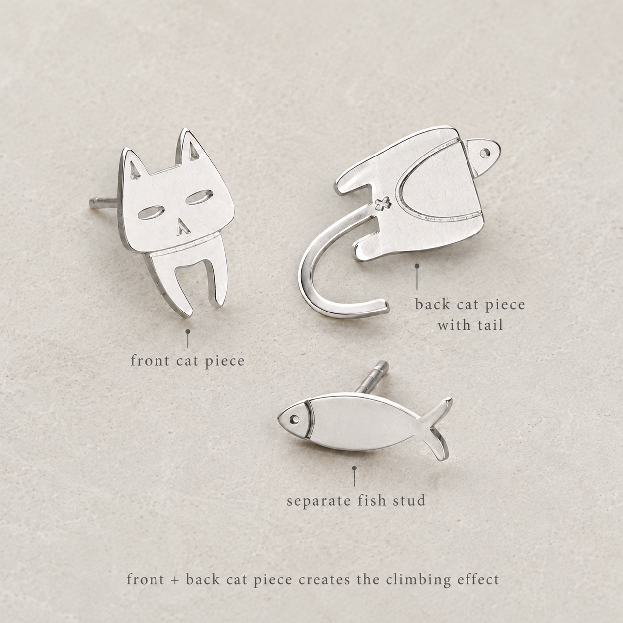 Best Cat and Fish Stud Earrings - Mismatched Cute Animal Stainless Steel Studs