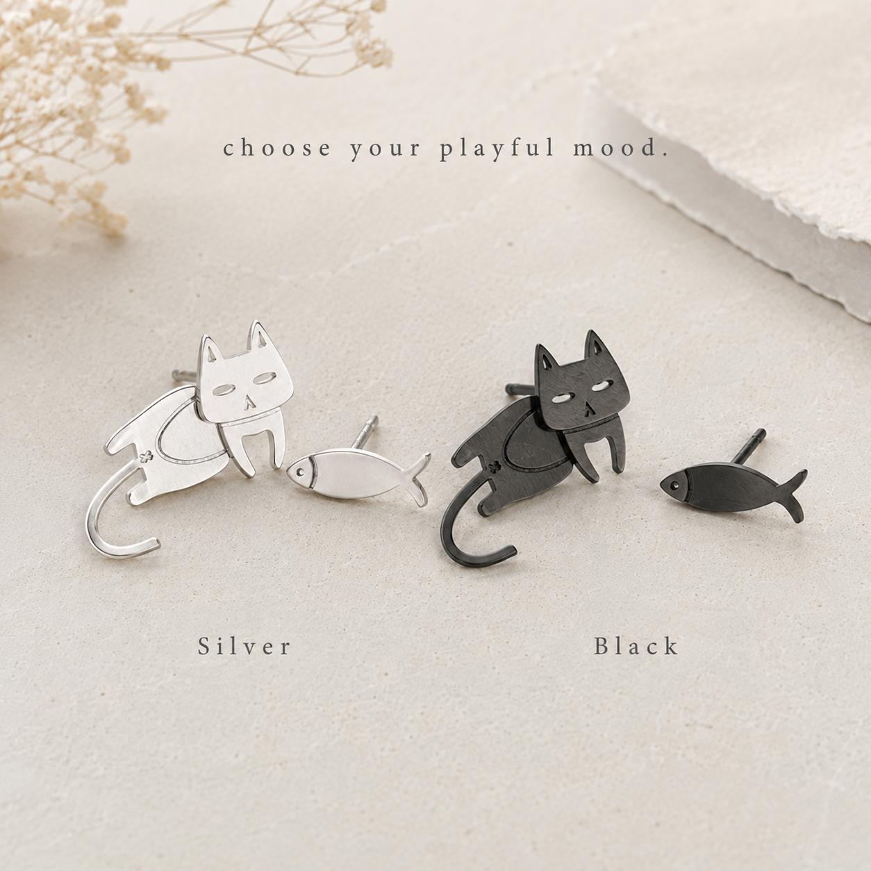 Best Cat and Fish Stud Earrings - Mismatched Cute Animal Stainless Steel Studs