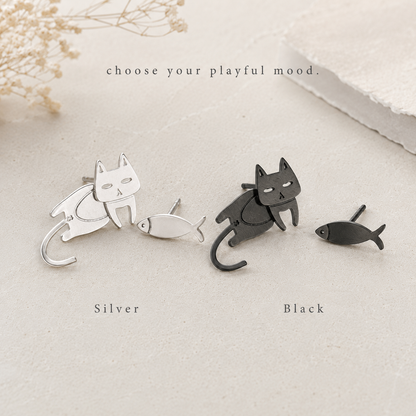 Best Cat and Fish Stud Earrings - Mismatched Cute Animal Stainless Steel Studs