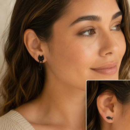 Best Cat and Fish Stud Earrings - Mismatched Cute Animal Stainless Steel Studs