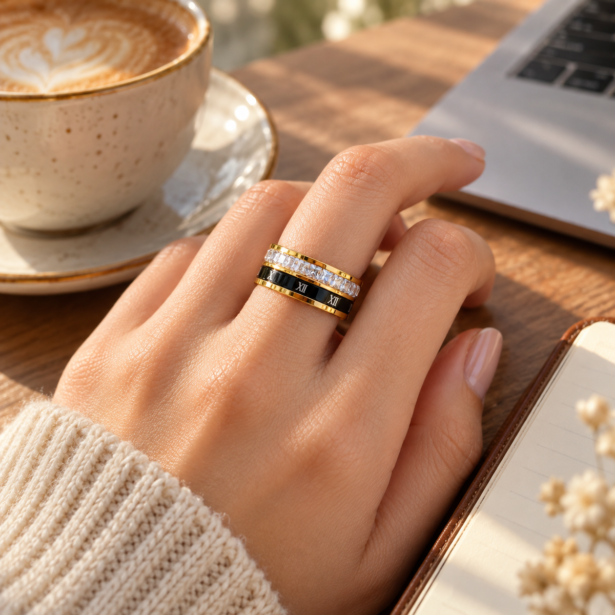Best Roman Numeral Spinner Ring with Gemstones - Gold Anxiety Relief Fidget