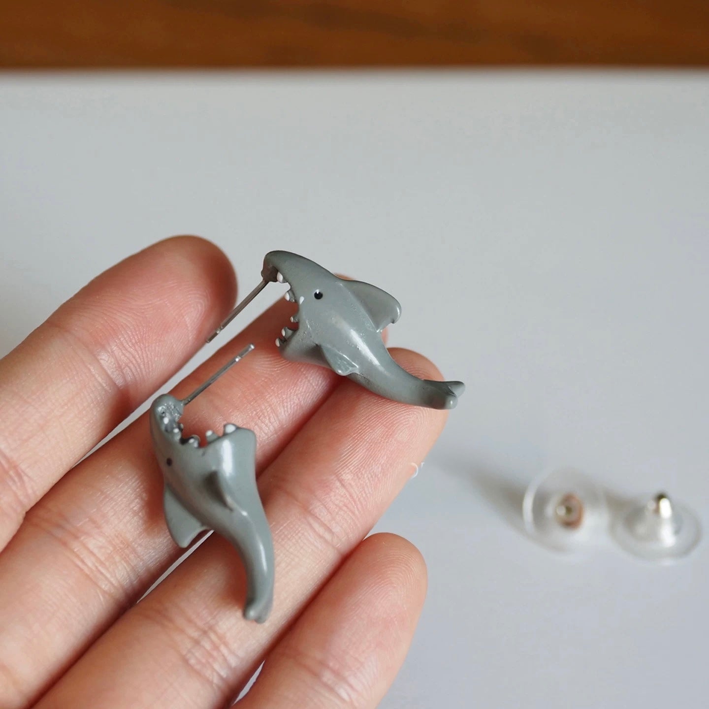 Enamel shark bite earrings in silver - EffortlesslyUs