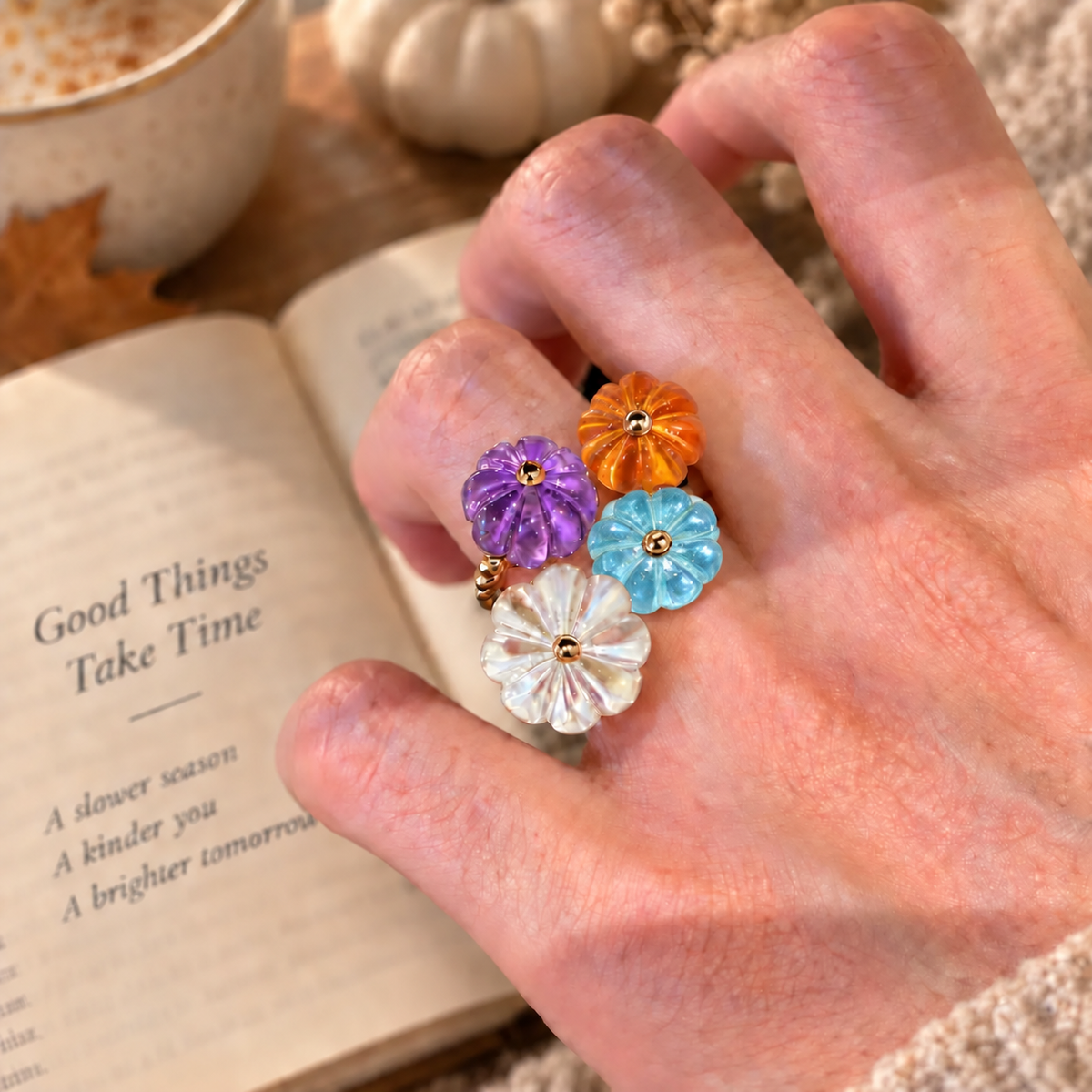 Pumpkin Ring, Anxiety Fidget Ring, Adjustable Open Band, Stackable Glass Set, Orange Blue or Purple, Kawaii Halloween Fall Gift