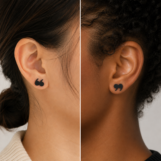 Mismatched quotation mark stud earrings in matte black on sterling silver posts - EffortlesslyUs