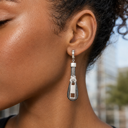 Best Zipper Drop Earrings - Edgy Gold or Silver Punk Statement Huggie Hoops