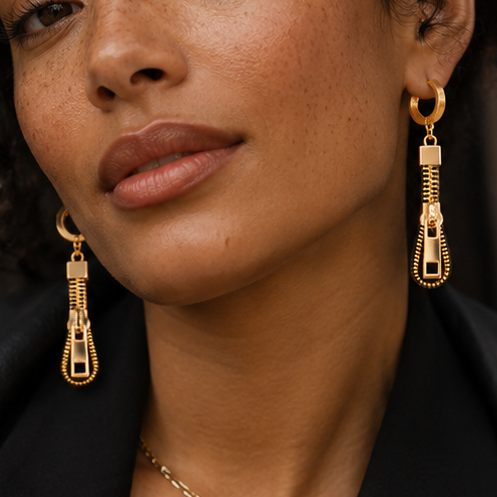 Best Zipper Drop Earrings - Edgy Gold or Silver Punk Statement Huggie Hoops