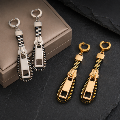 Best Zipper Drop Earrings - Edgy Gold or Silver Punk Statement Huggie Hoops