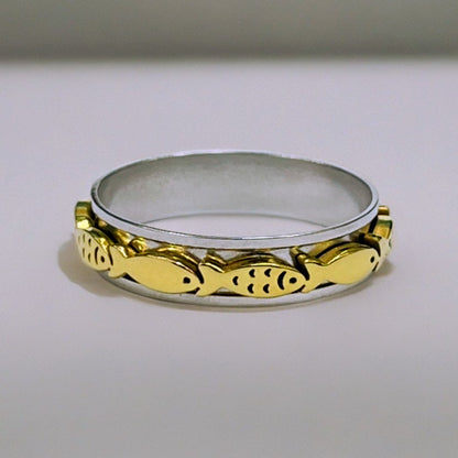 Swimming Fish Spinner Ring in 2 Tone, 2 Tone Fish Spinner Ring, Fish Ring, Fishing Lovers Ring, Animal Ring, Christian Fish Ring,