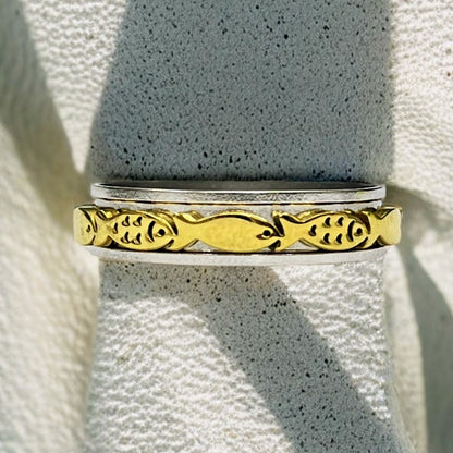 Swimming Fish Spinner Ring in 2 Tone, 2 Tone Fish Spinner Ring, Fish Ring, Fishing Lovers Ring, Animal Ring, Christian Fish Ring,
