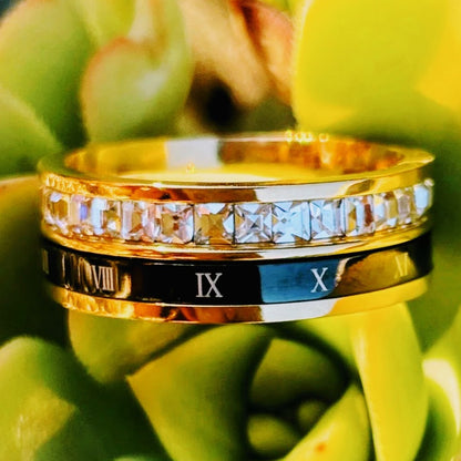 Gold Spinner Ring with Roman Numerals and Gemstones, Rose Gold Ring with Roman Numerals and Gemstones, Roman Numerals Fidget Ring with Gemstones,