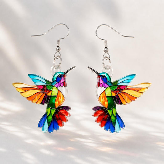 Stained glass style hummingbird dangle earrings